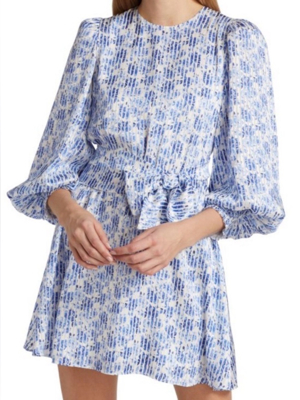 Alice + Olivia Molli Floral Satin Tie Waist Mini Dress in Blue & White Size 6